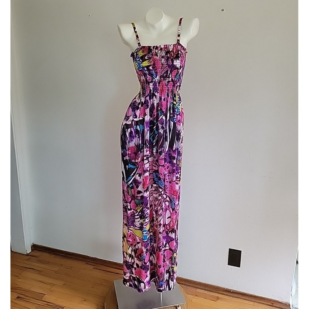Vintage Cache‎ Silk Maxi Dress Large Floral Smocked Bodice Square Neck Feminine